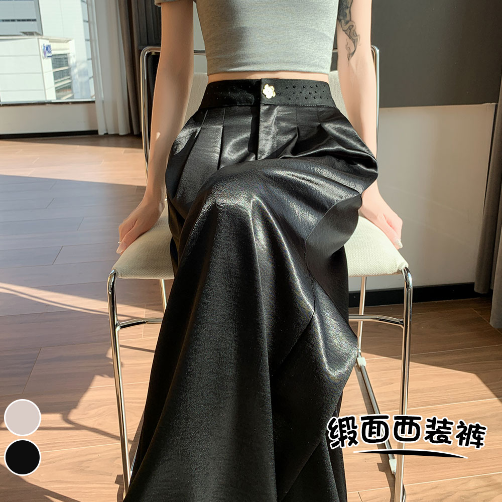 實拍釘鉆花朵腰頭珠光冰絲闊腿褲夏季高腰壓褶垂感緞面拖地休閑褲