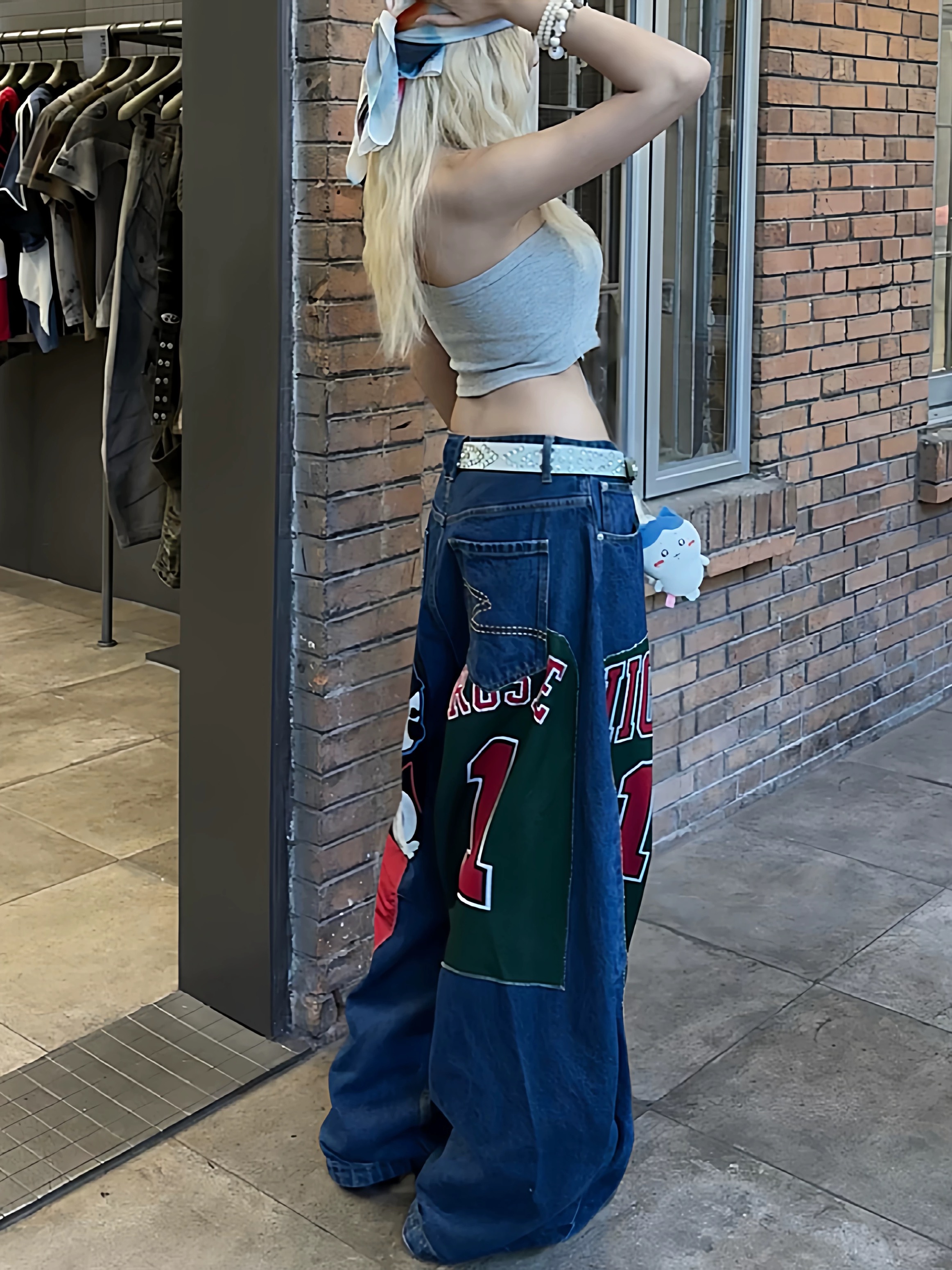 美式復古街頭嘻哈拼接牛仔褲女夏季新款潮牌顯瘦垂感闊腿拖地褲