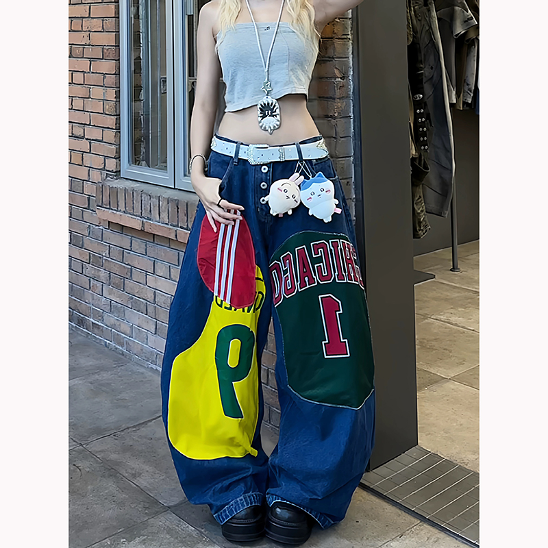 美式復古街頭嘻哈拼接牛仔褲女夏季新款潮牌顯瘦垂感闊腿拖地褲