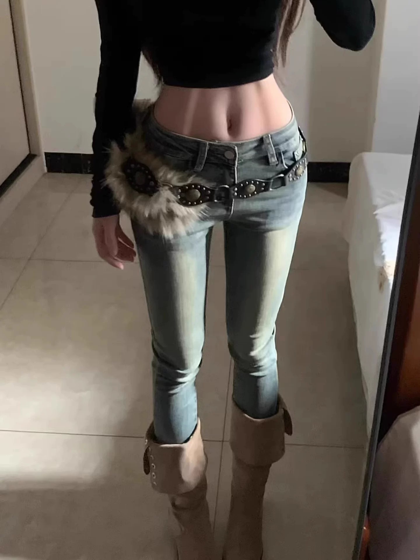 美式復古辣妹百搭九分牛仔褲女秋冬新款高腰緊身提臀顯瘦小腳褲子