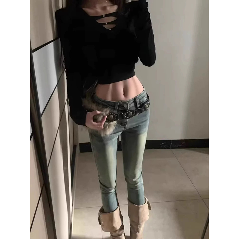 美式復古辣妹百搭九分牛仔褲女秋冬新款高腰緊身提臀顯瘦小腳褲子