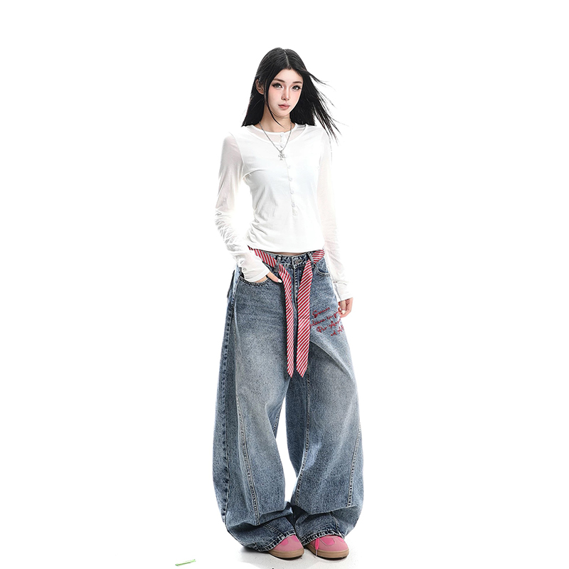 美式復古字母刺繡彎刀牛仔褲女春季新款百搭綁帶闊腿褲彎刀褲
