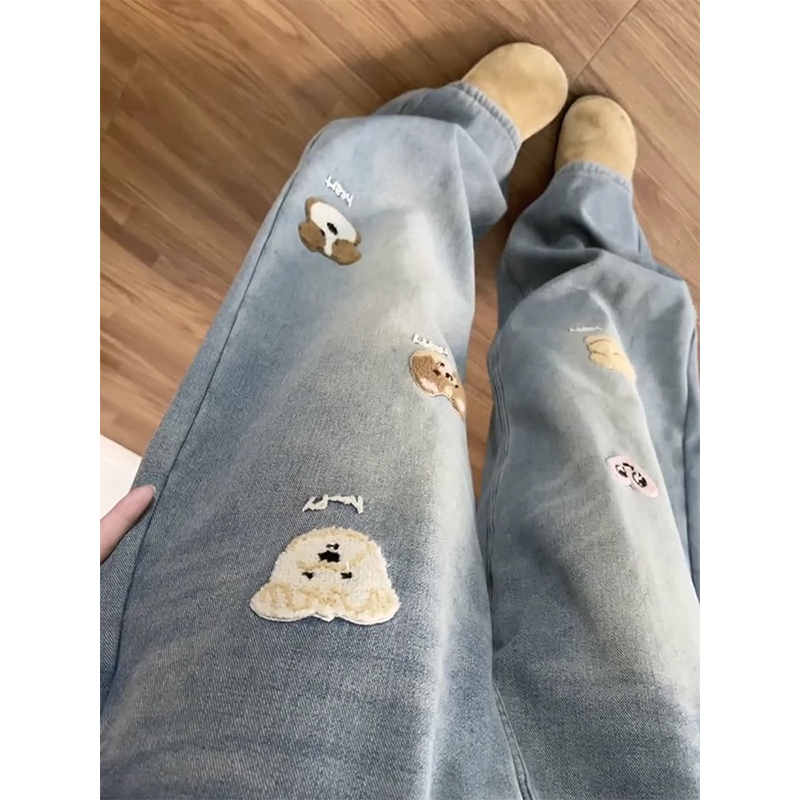 卡通小狗刺繡藍色高腰牛仔褲褲子女款2026冬季新款寬松顯瘦闊腿褲