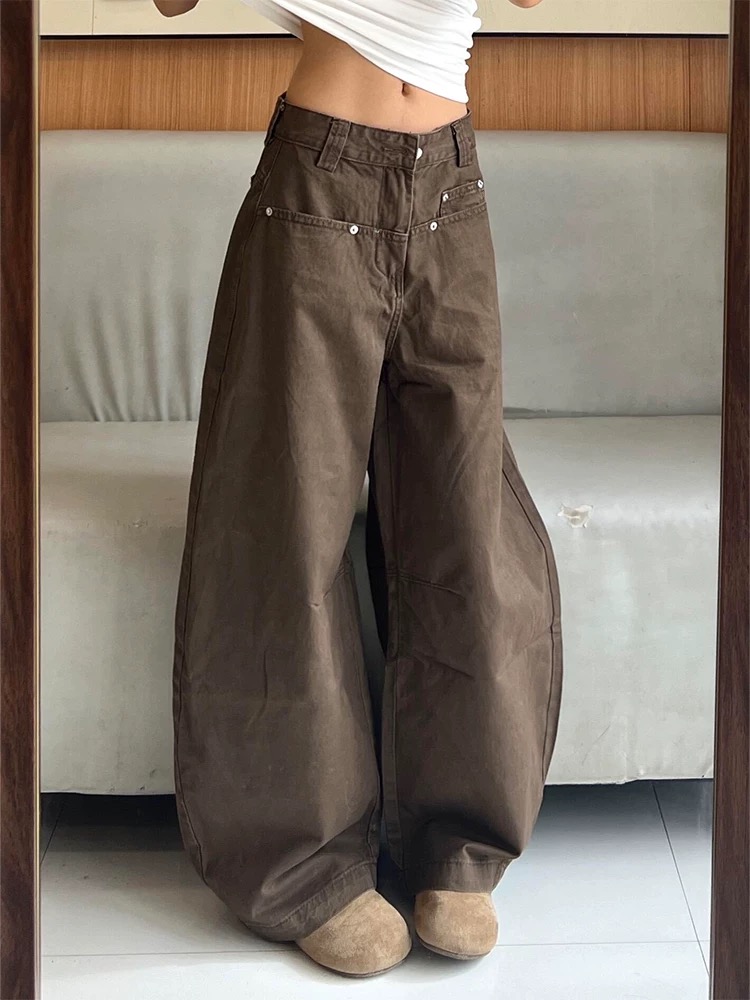 美式復古廓形彎刀工裝牛仔褲女新款寬松闊腿顯瘦休閑直筒拖地褲子