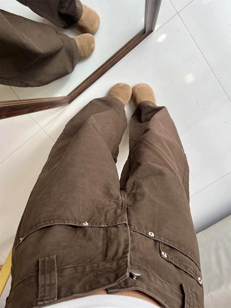 美式復古廓形彎刀工裝牛仔褲女新款寬松闊腿顯瘦休閑直筒拖地褲子