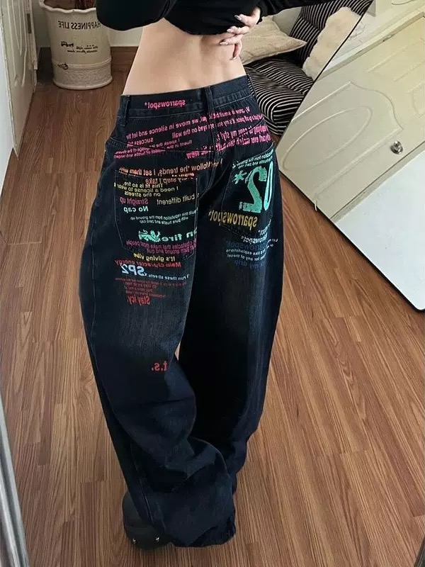 美式復古彩色字母標語闊腿牛仔褲女秋冬寬松街頭休閑直筒拖地長褲