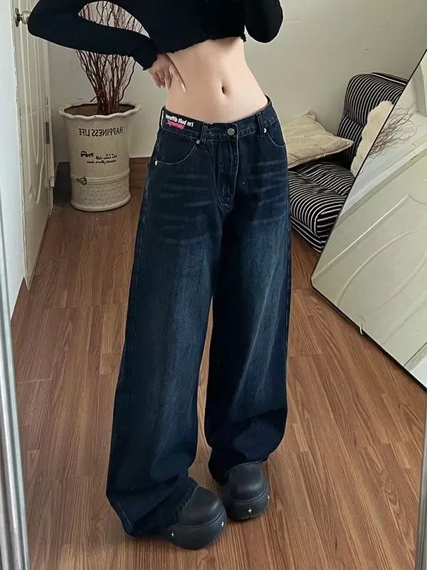 美式復古彩色字母標語闊腿牛仔褲女秋冬寬松街頭休閑直筒拖地長褲