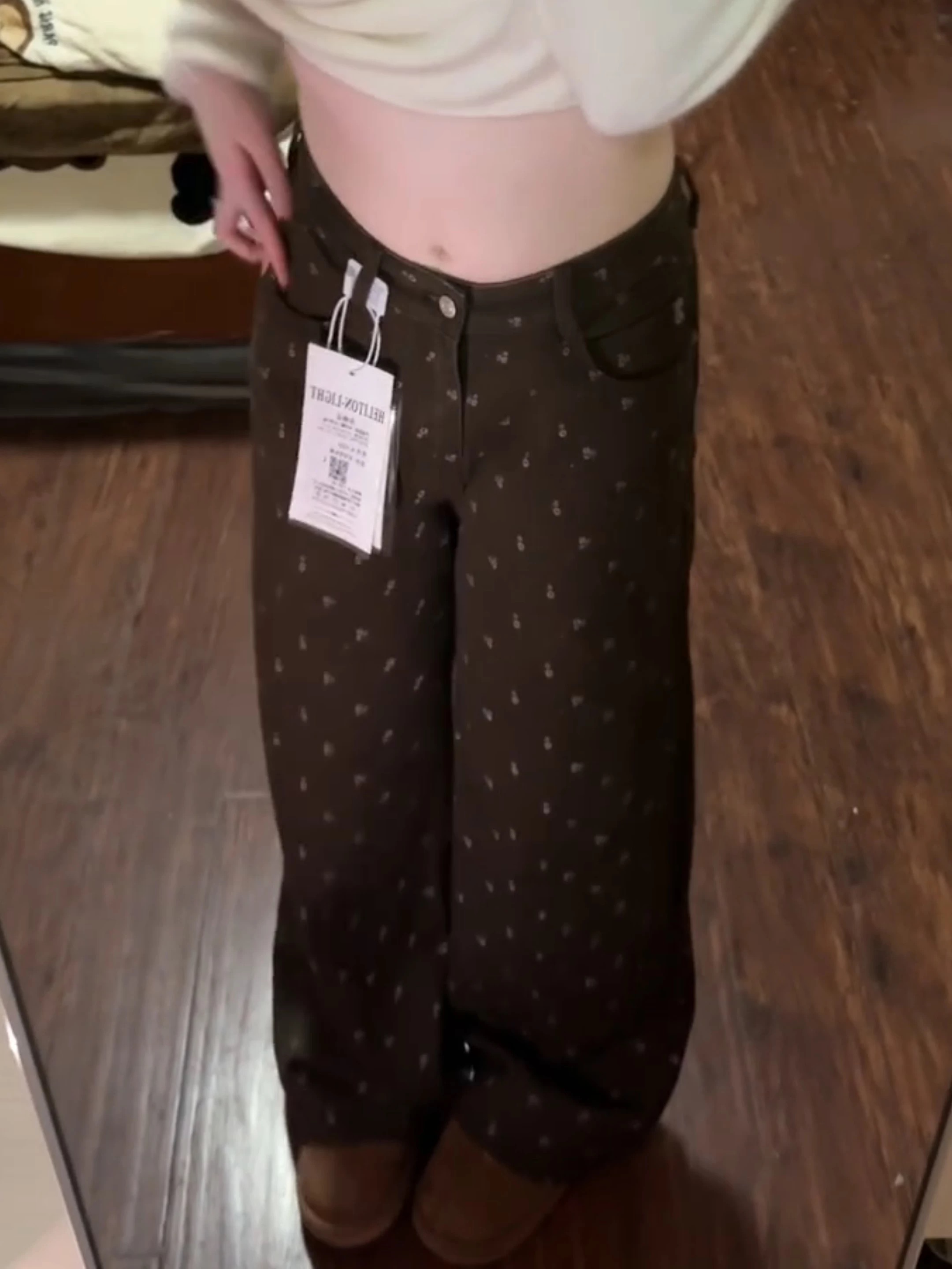 美式咖色碎花直筒牛仔褲女2026春秋新款百搭高腰顯瘦拖地闊腿褲