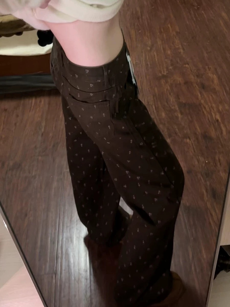 美式咖色碎花直筒牛仔褲女2026春秋新款百搭高腰顯瘦拖地闊腿褲