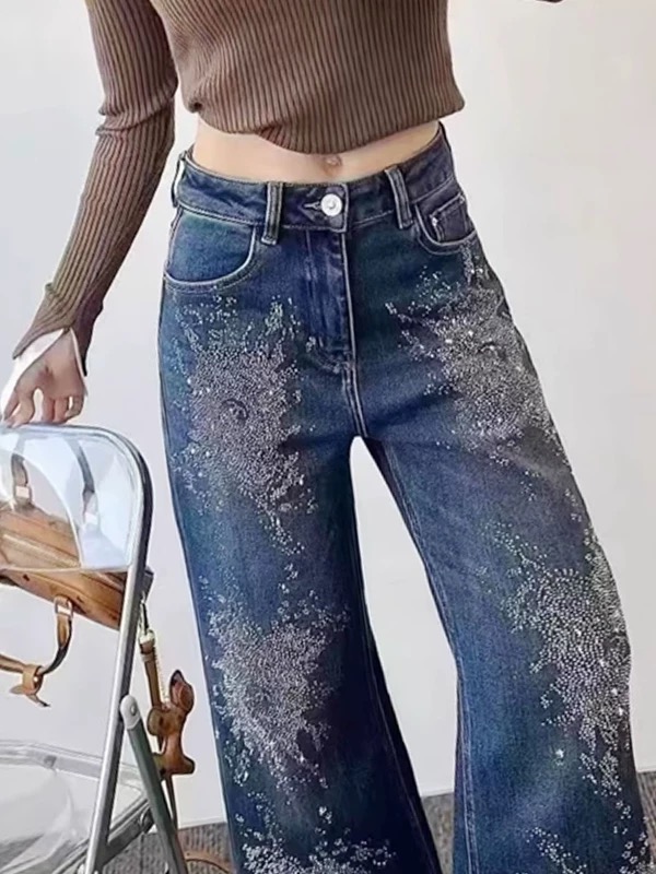 春季新款時尚洋氣百搭女裝燙鉆牛仔褲高腰寬松顯瘦直筒闊腿長褲