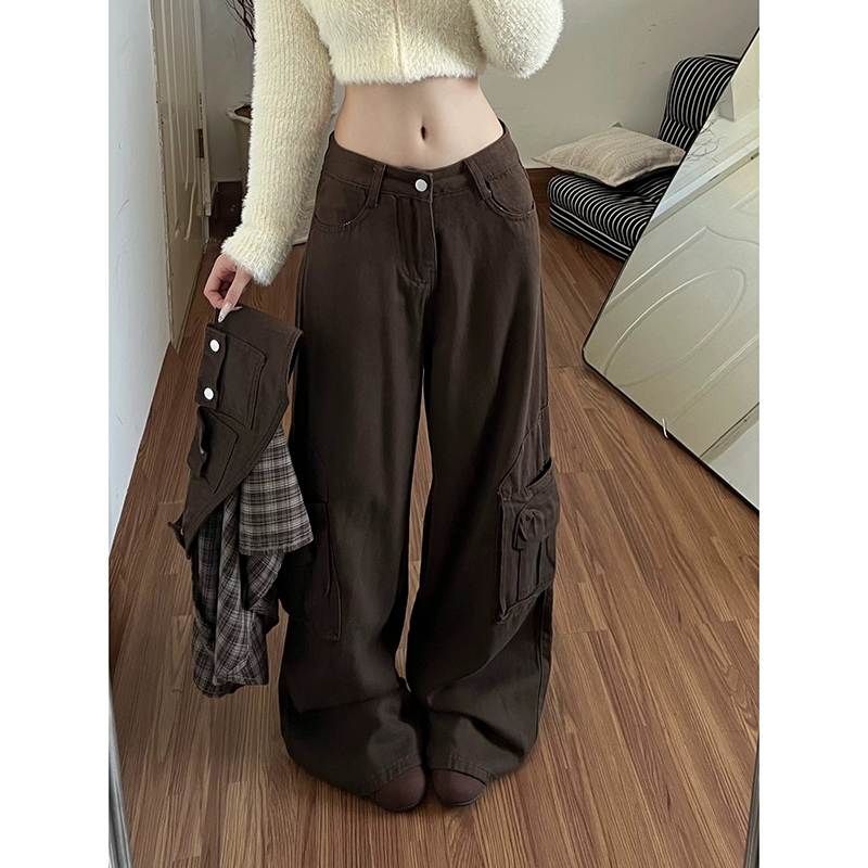 美拉德工裝褲子女2026春季新款款式闊以直筒松弛感顯瘦咖色牛仔褲