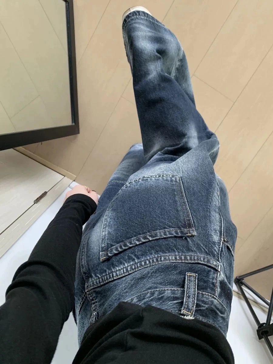 春季美式復古藍灰牛仔彎刀褲女辣妹高腰寬松顯瘦垂感闊腿拖地褲