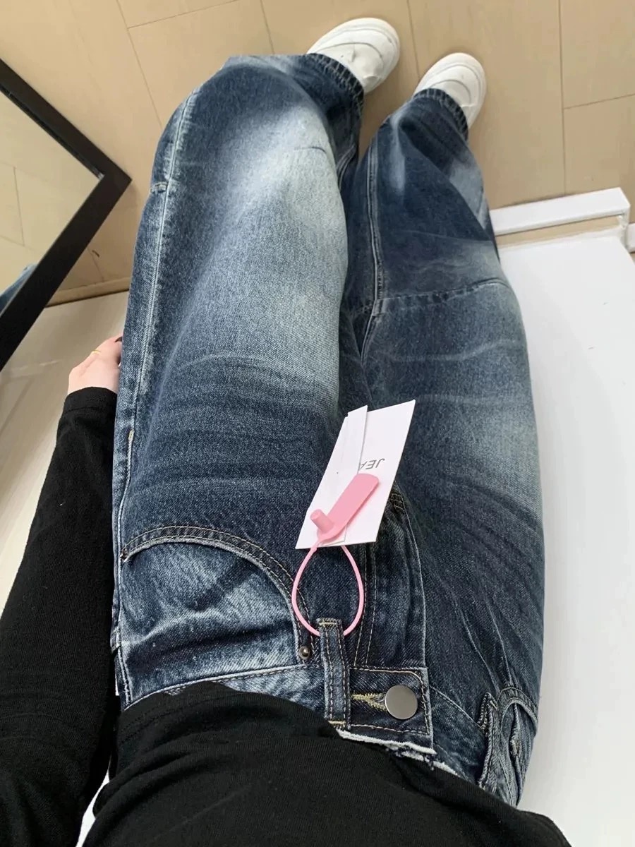 春季美式復古藍灰牛仔彎刀褲女辣妹高腰寬松顯瘦垂感闊腿拖地褲