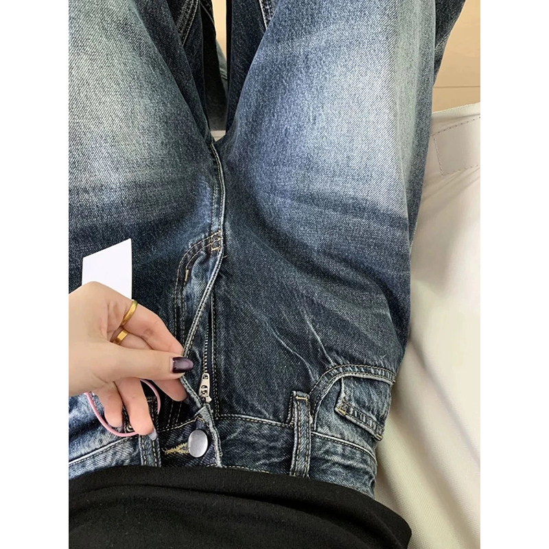 春季美式復古藍灰牛仔彎刀褲女辣妹高腰寬松顯瘦垂感闊腿拖地褲