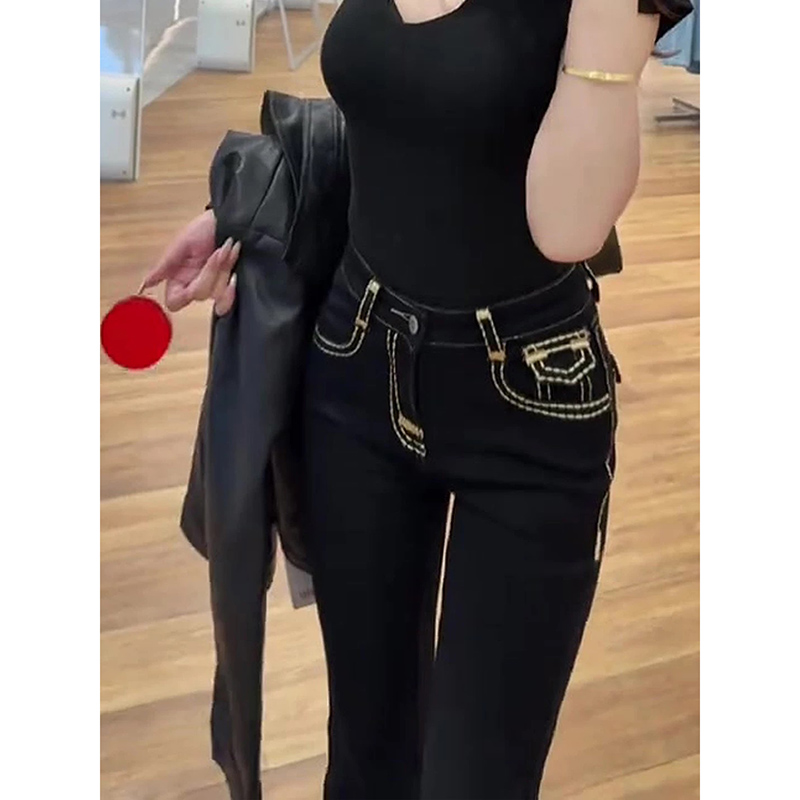 春季黑色高腰微喇牛仔褲女新款時尚洋氣小個子顯瘦直筒闊腿褲