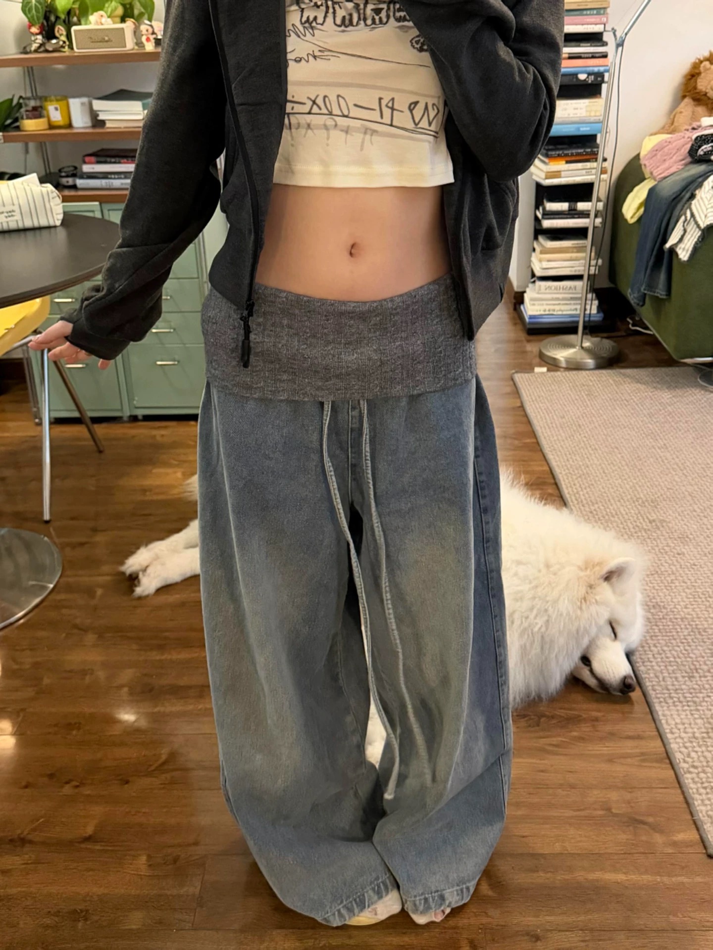 春季美式復古毛線拼接腰頭牛仔褲女百搭設計感寬松闊腿垂感拖地褲
