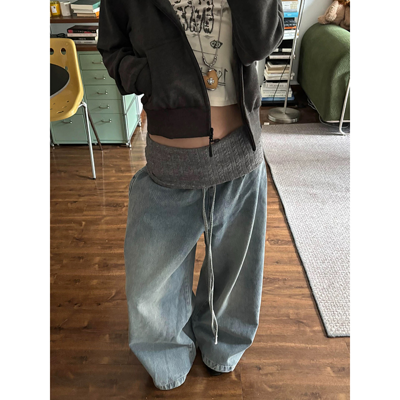 春季美式復古毛線拼接腰頭牛仔褲女百搭設計感寬松闊腿垂感拖地褲