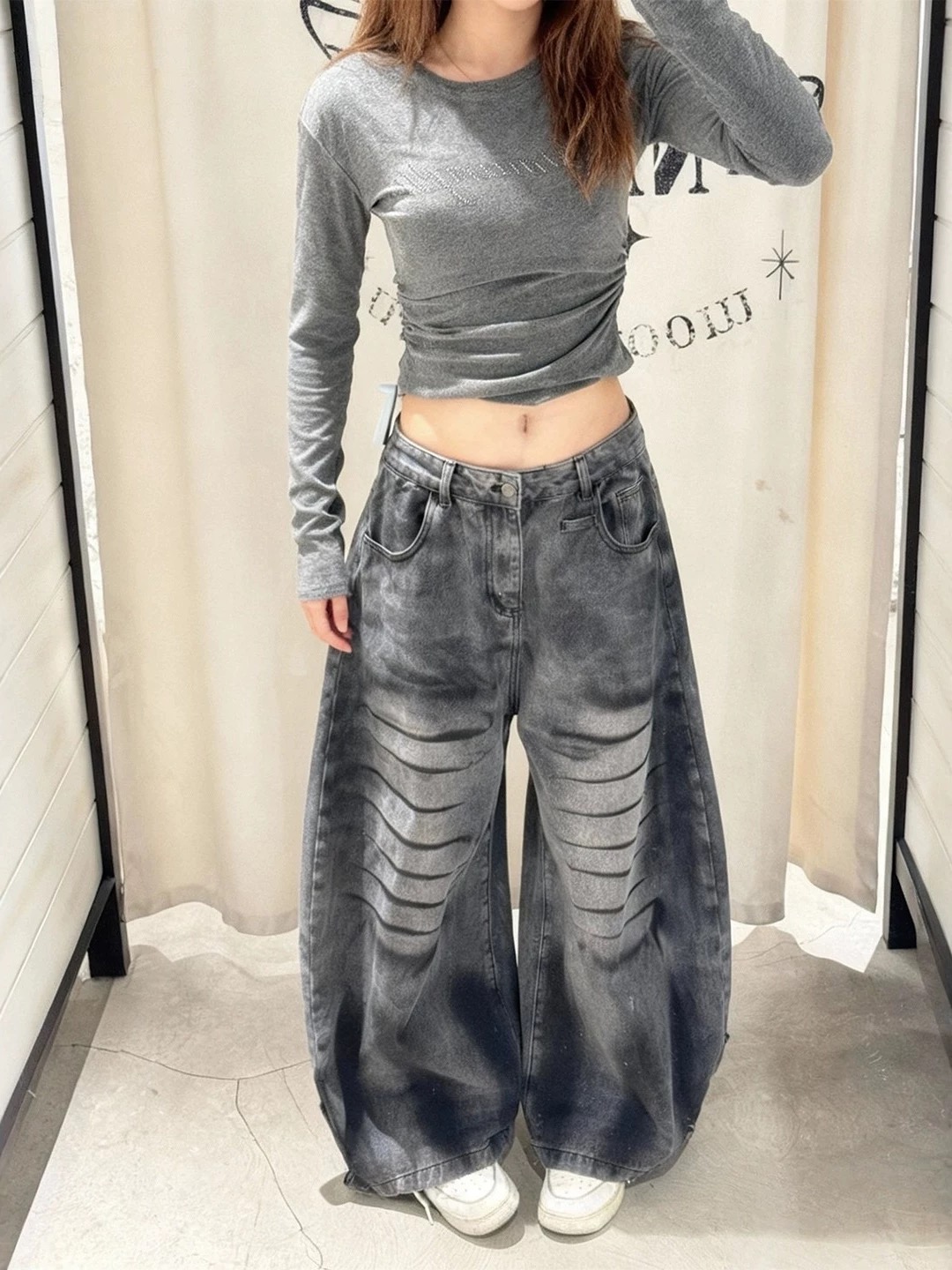 春季美式街頭水洗擦臟做舊牛仔褲女百搭新款寬松闊腿褲拖地彎刀褲