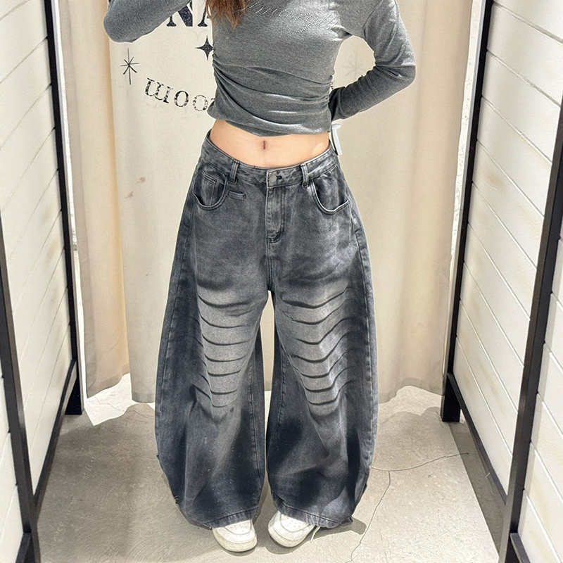 春季美式街頭水洗擦臟做舊牛仔褲女百搭新款寬松闊腿褲拖地彎刀褲