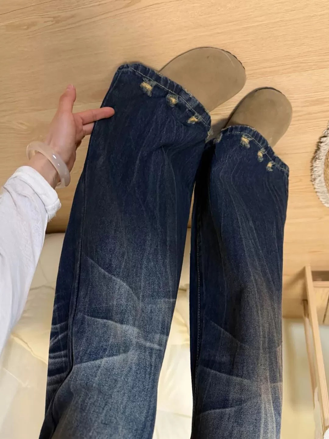 春季美式復古做舊直筒牛仔褲女辣妹高腰寬松顯瘦臟臟闊腿拖地褲