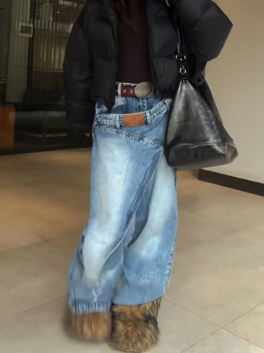 春季美式復古設計感假兩件疊穿牛仔褲辣妹寬松慵懶松弛感拖地長褲
