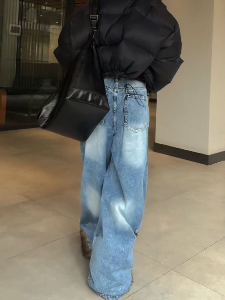 春季美式復古設計感假兩件疊穿牛仔褲辣妹寬松慵懶松弛感拖地長褲