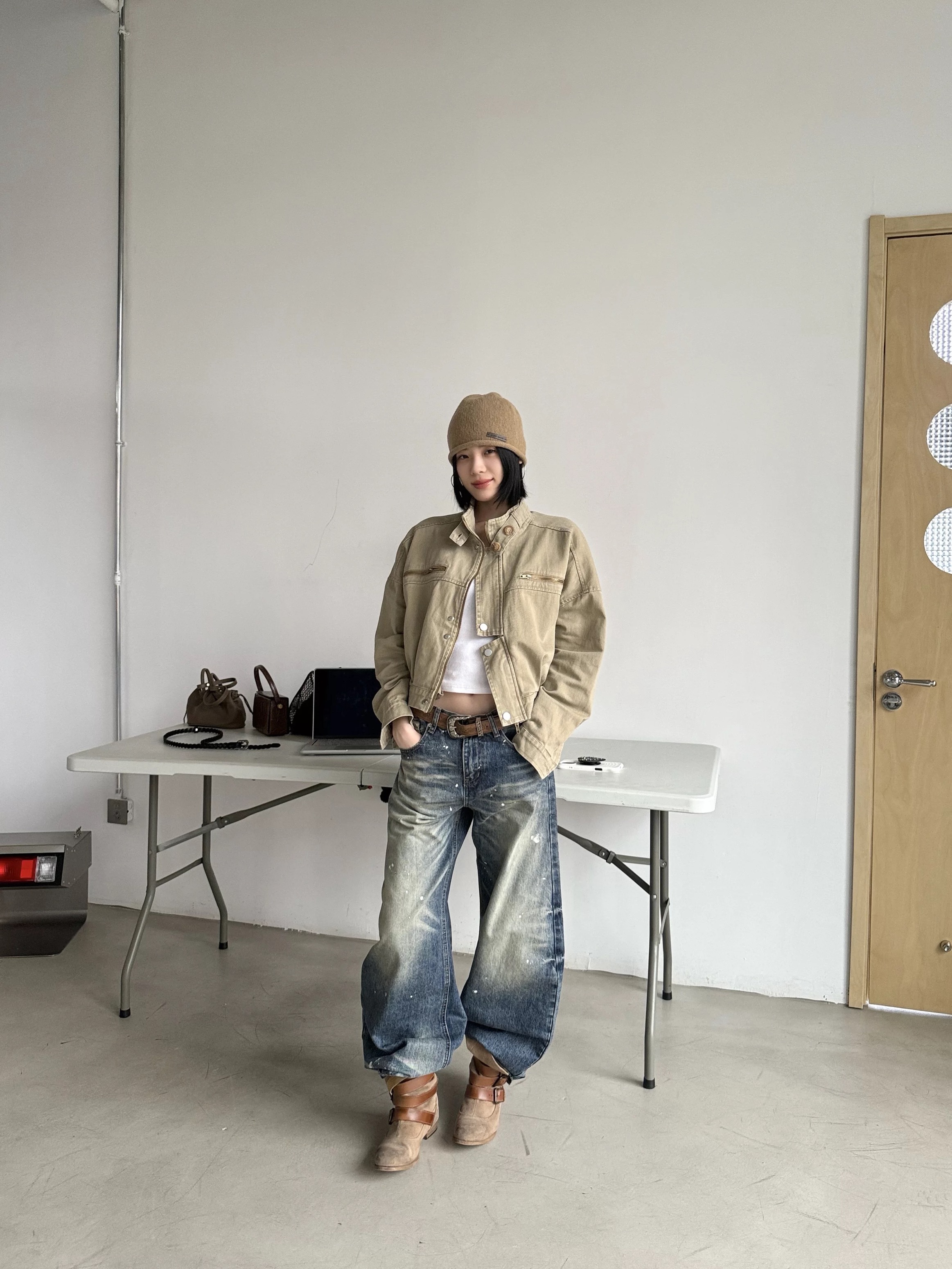 春季高級感水洗做舊潑墨彎刀牛仔褲顯瘦直筒寬松垂感休閑褲子