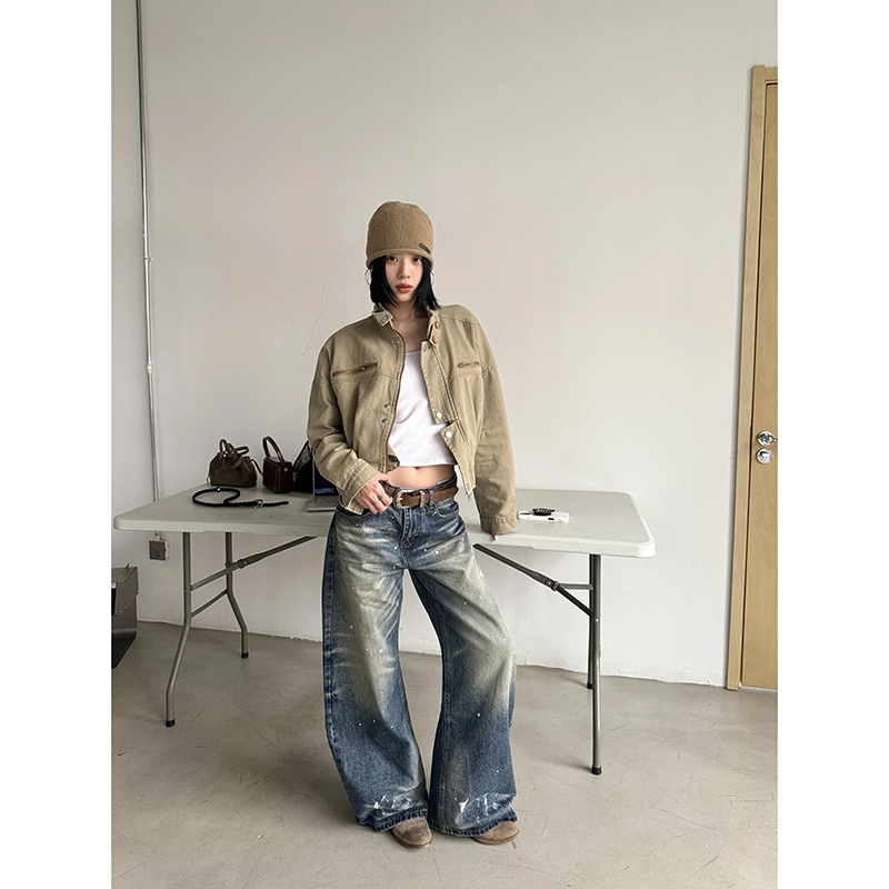 春季高級感水洗做舊潑墨彎刀牛仔褲顯瘦直筒寬松垂感休閑褲子