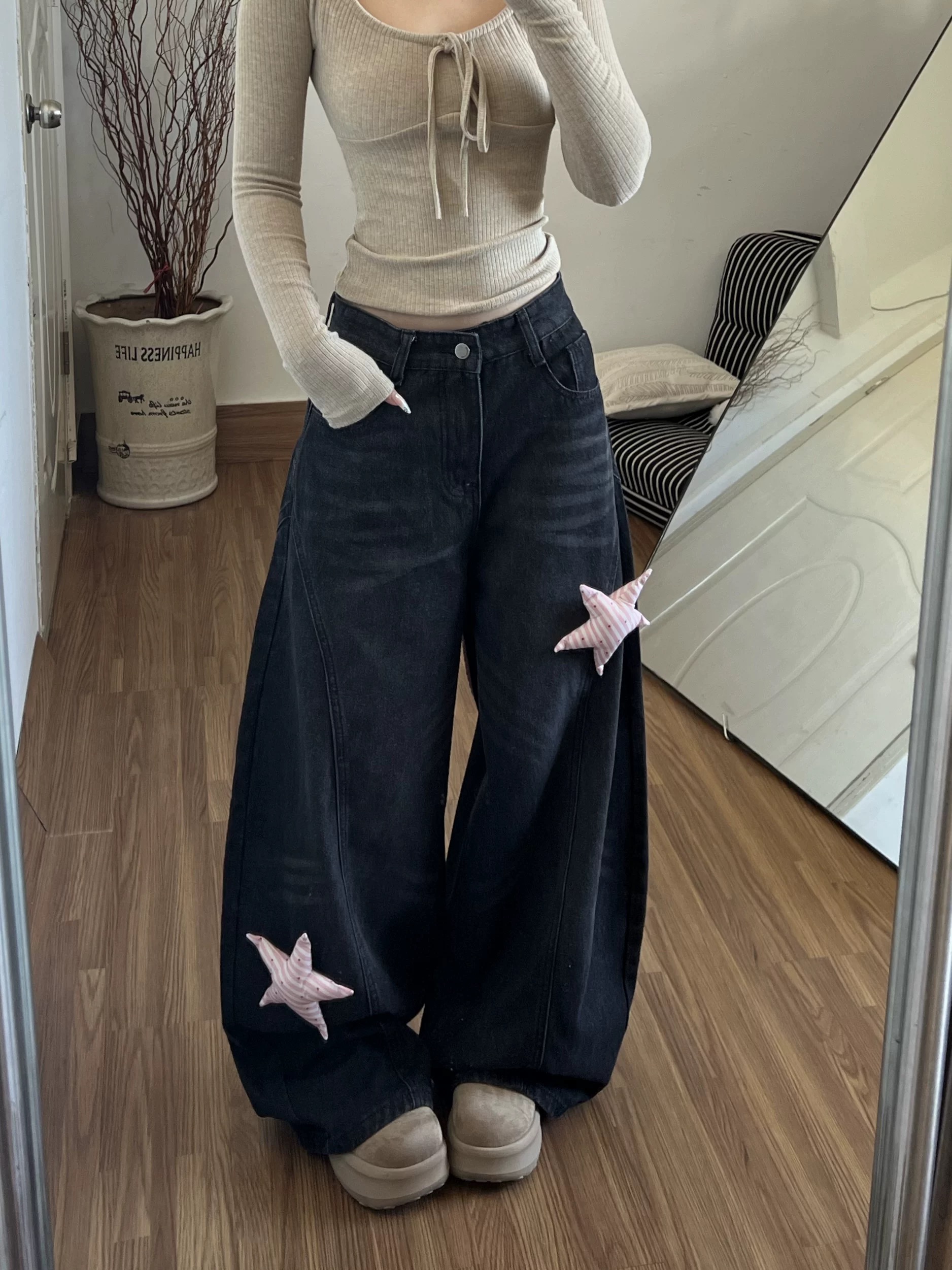 美式復古星星兔耳朵拼接牛仔褲女春秋2026新款寬松闊腿褲彎刀褲子