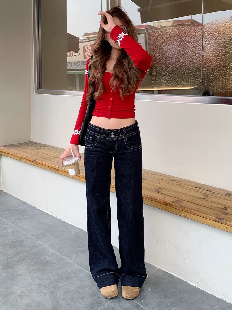 春季百搭低腰直筒牛仔褲女新款辣妹窄版顯高顯瘦微喇褲子