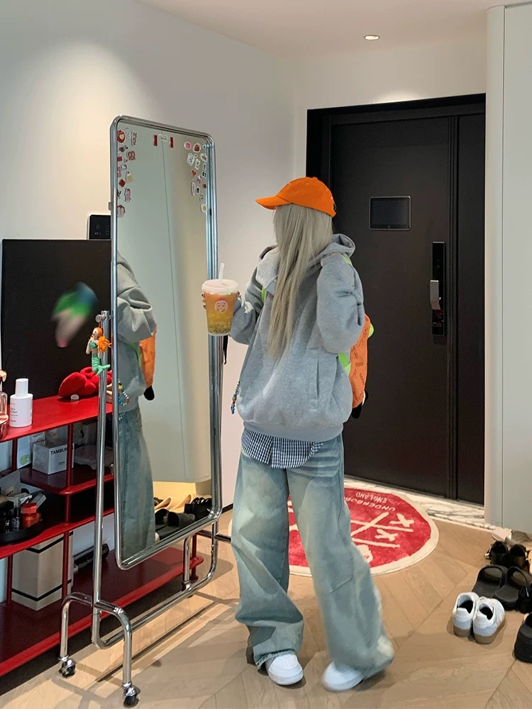 春季美式復古水洗做舊貓須兩杠彎刀牛仔褲男女寬松直筒闊腿長褲