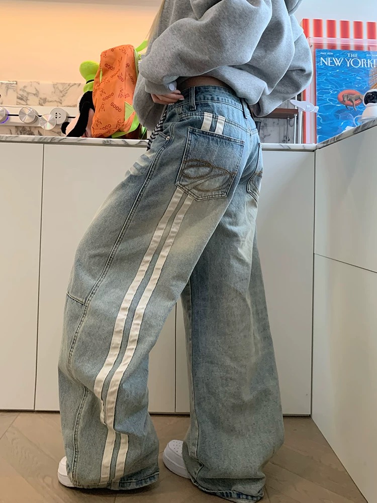 春季美式復古水洗做舊貓須兩杠彎刀牛仔褲男女寬松直筒闊腿長褲