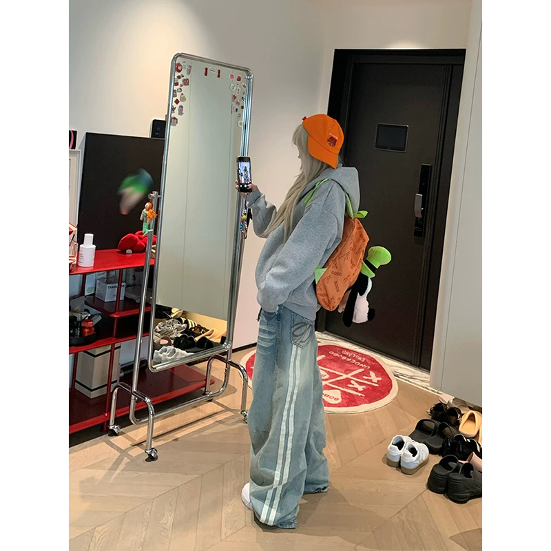 春季美式復古水洗做舊貓須兩杠彎刀牛仔褲男女寬松直筒闊腿長褲