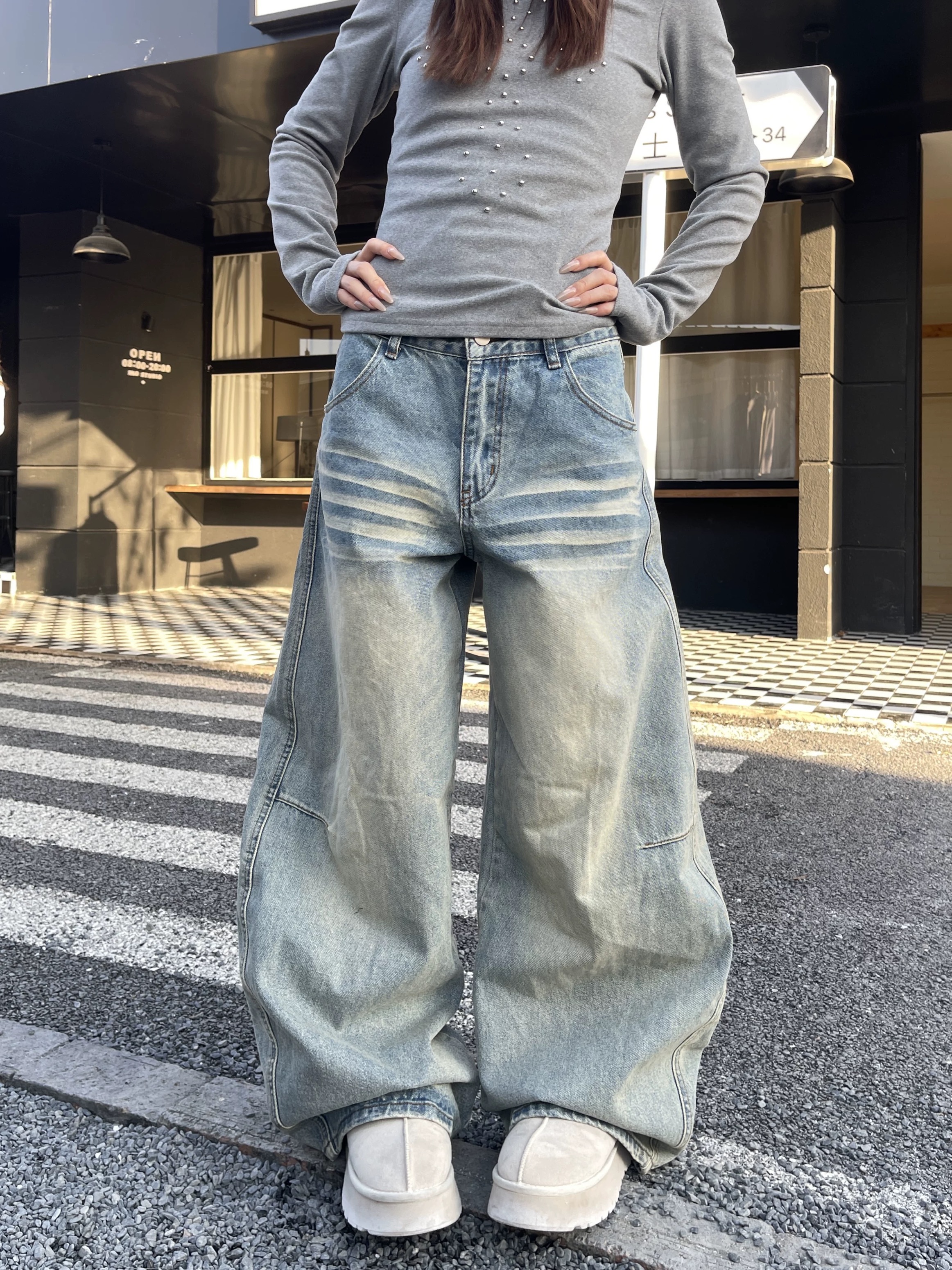 春季設計感刺繡美式彎刀直筒牛仔褲女顯瘦寬松水洗拖地褲子百搭
