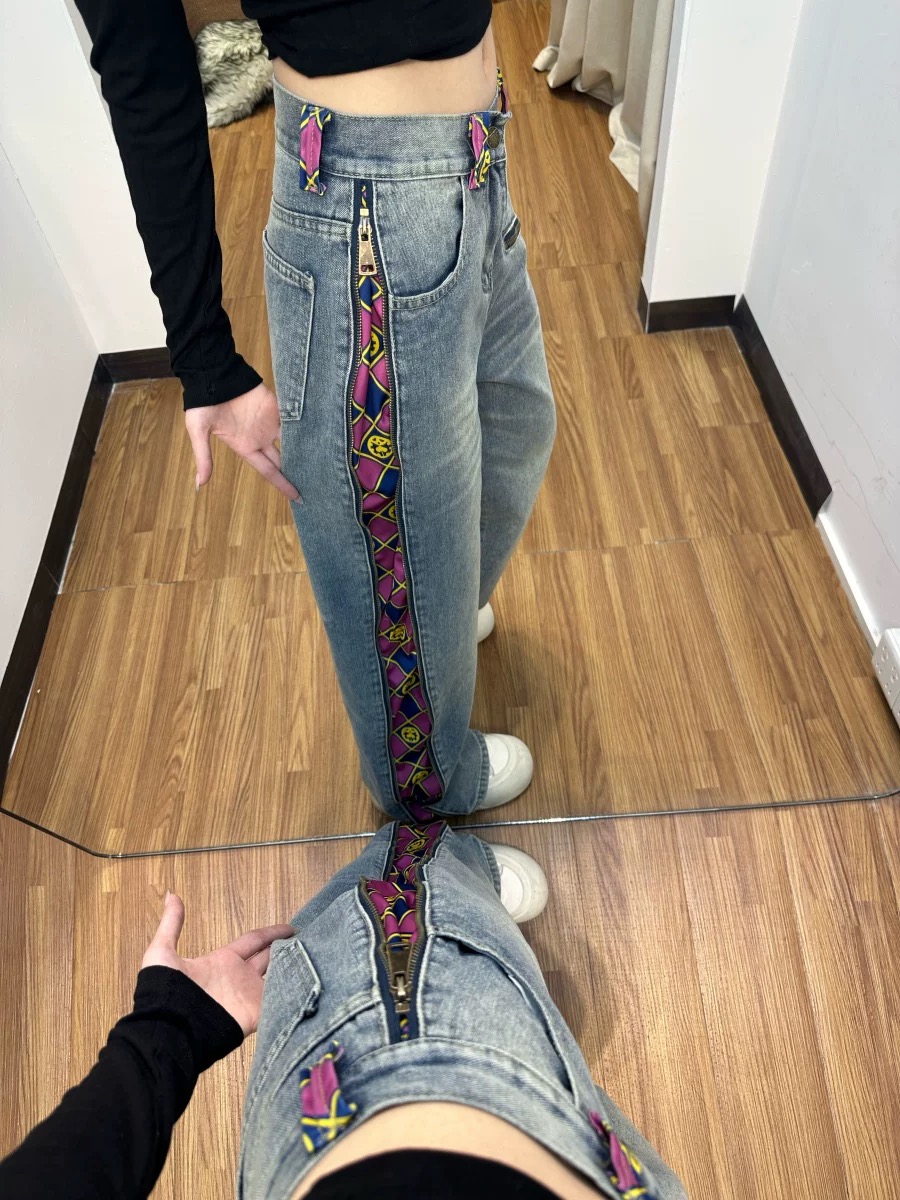 美式復古拉鏈拼接牛仔褲女春秋設計感高腰寬松直筒闊腿褲拖地長褲
