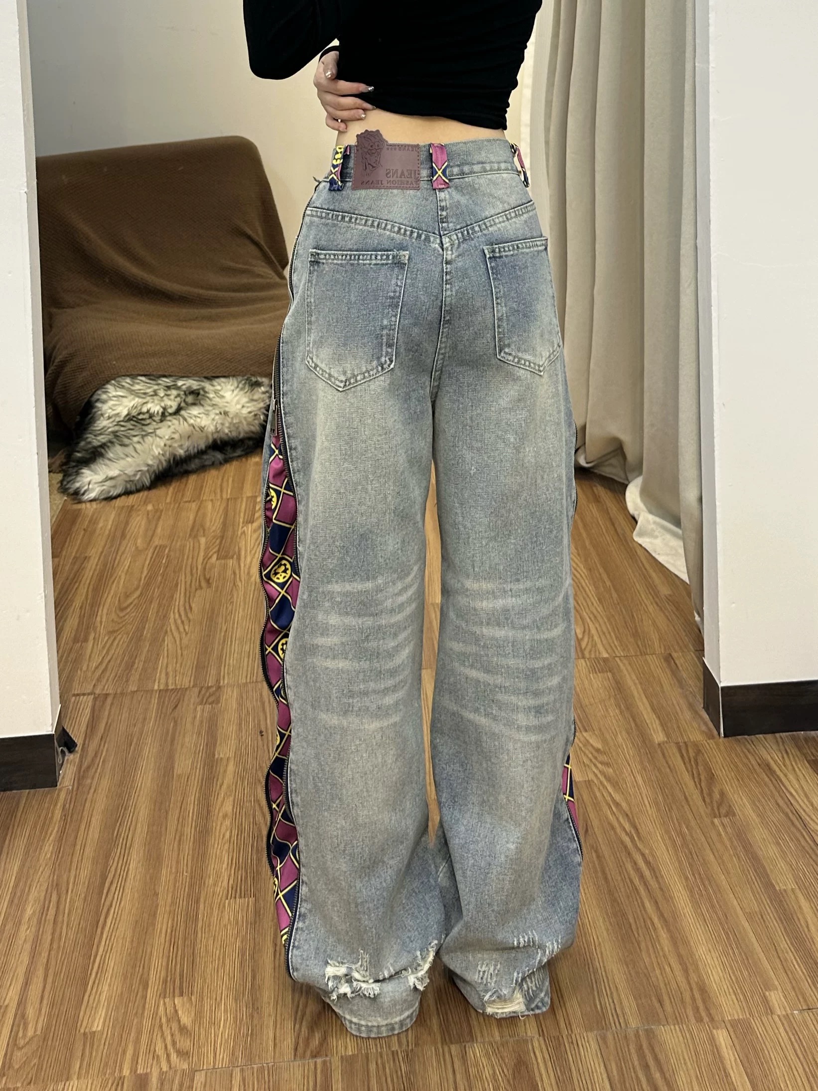 美式復古拉鏈拼接牛仔褲女春秋設計感高腰寬松直筒闊腿褲拖地長褲