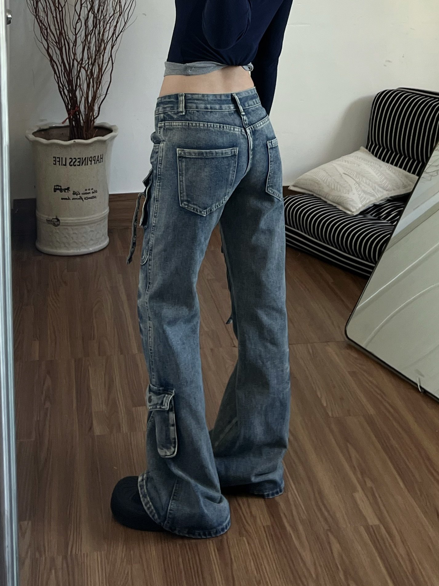春季美式復古辣妹工裝微喇牛仔褲女2026新款多口袋設計感喇叭長褲