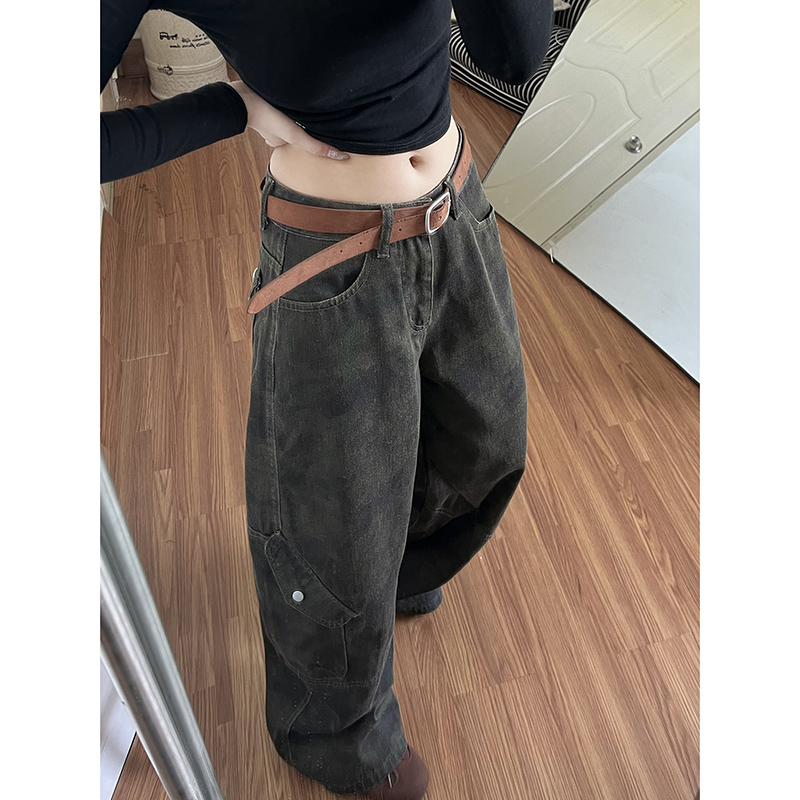 春季美式迷彩工裝闊腿牛仔褲女款2026新款水洗高級感彎刀褲子長褲