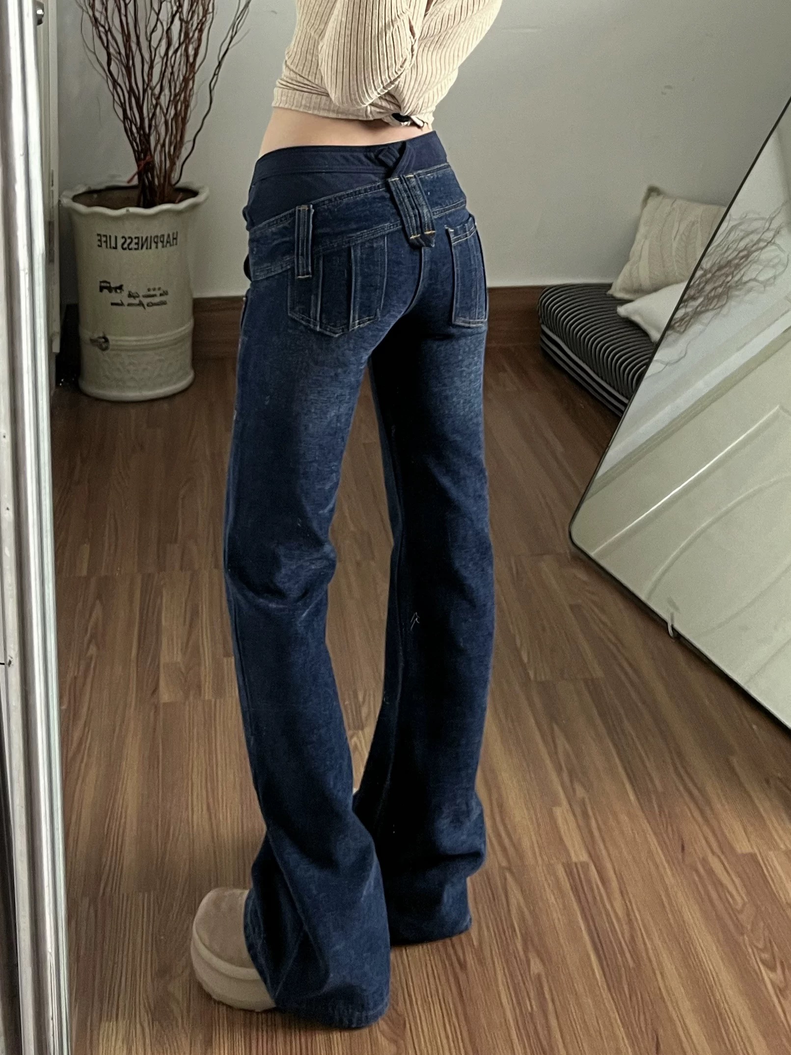 春季美式辣妹低腰牛仔褲褲子女款2026新款假兩件修身喇叭褲馬蹄褲