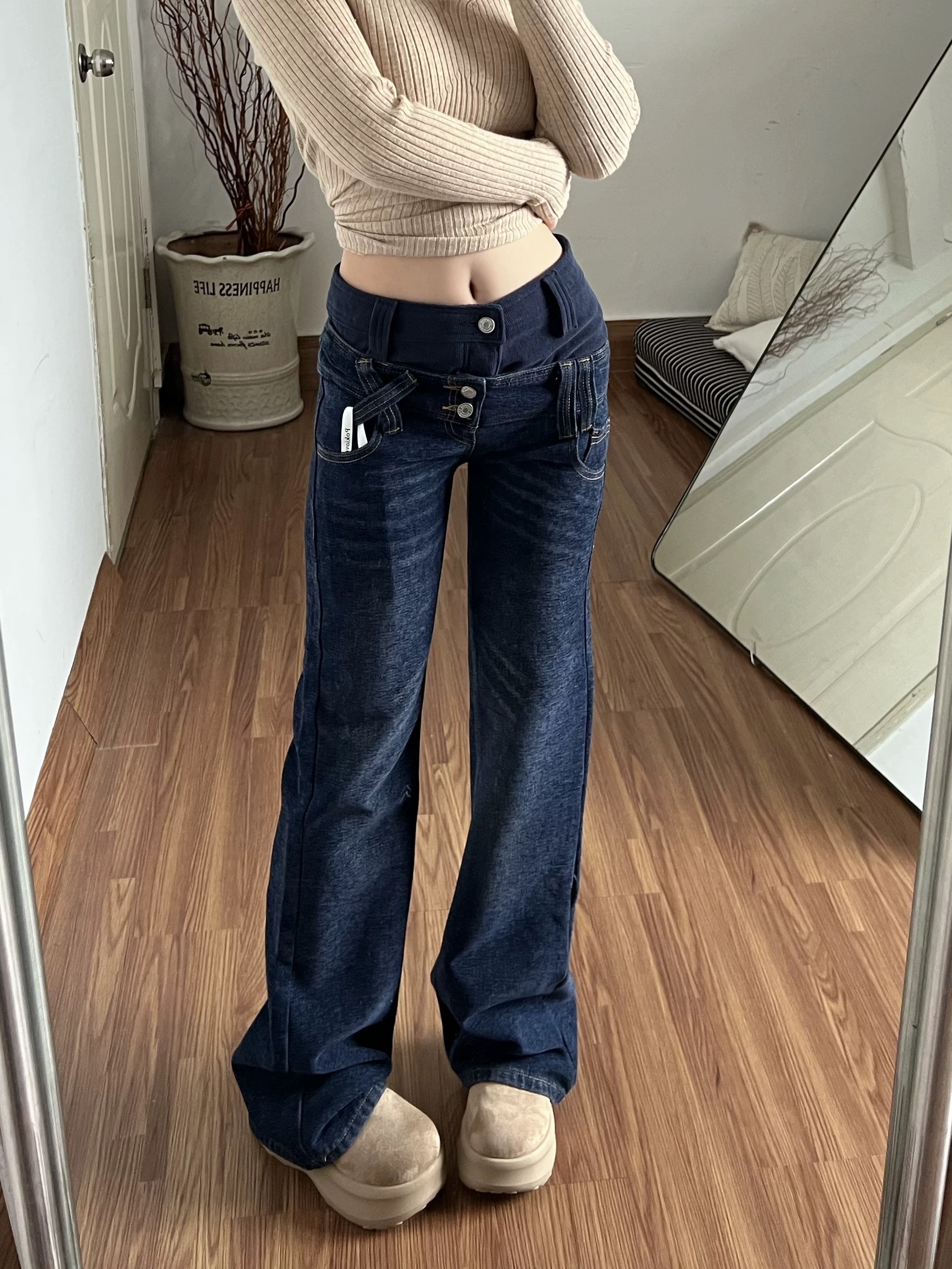 春季美式辣妹低腰牛仔褲褲子女款2026新款假兩件修身喇叭褲馬蹄褲