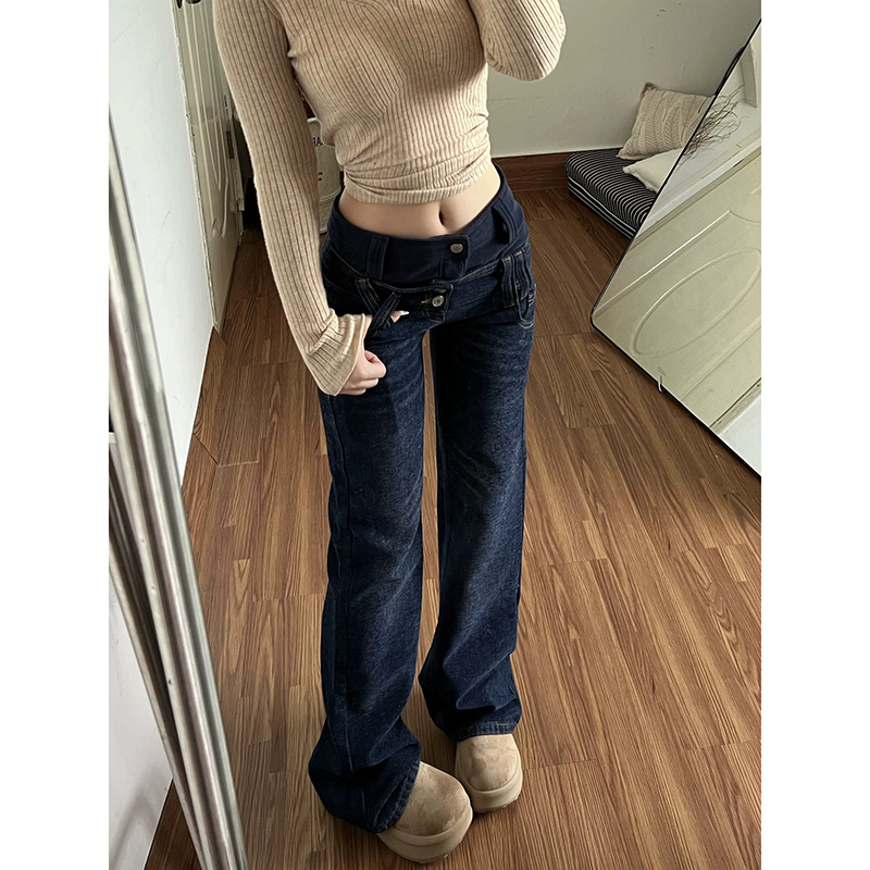 春季美式辣妹低腰牛仔褲褲子女款2026新款假兩件修身喇叭褲馬蹄褲