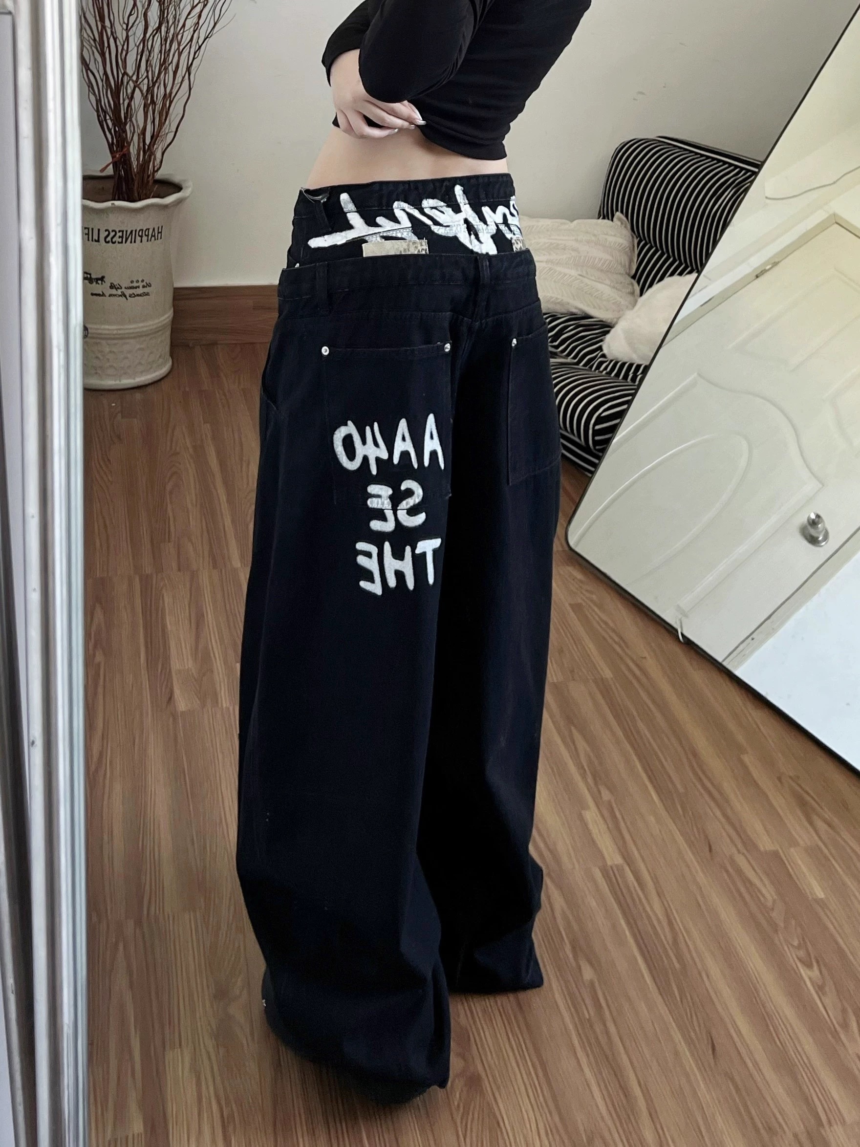 春季美式復古雙腰頭黑色彎刀牛仔褲褲女款寬松慵懶風闊腿褲工裝褲