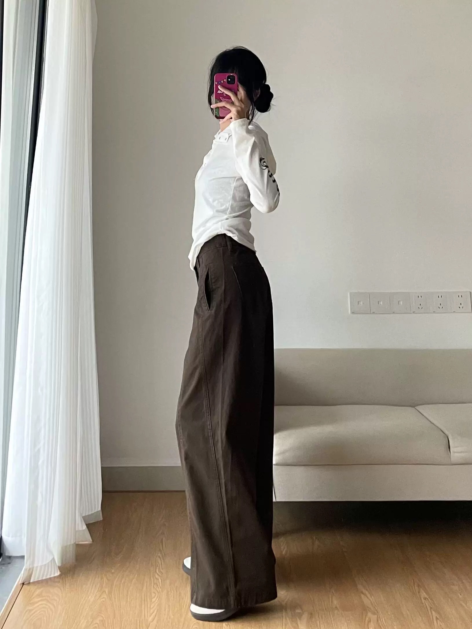 春季休閑直筒牛仔褲女美拉德深棕色通勤百搭高腰寬松顯瘦闊腿褲