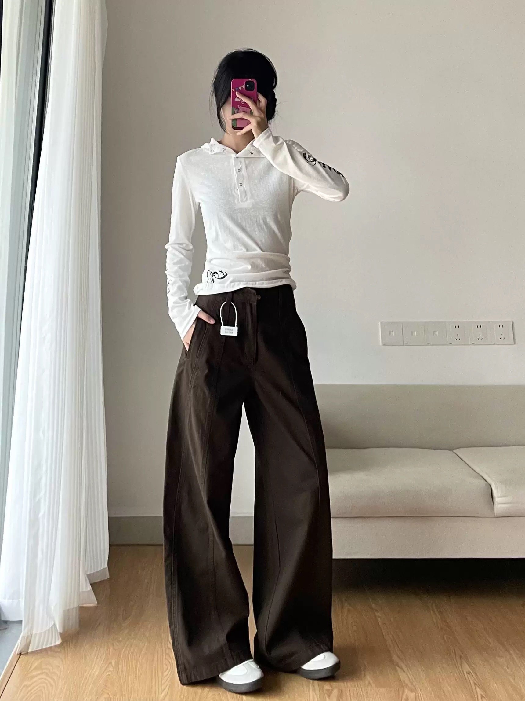 春季休閑直筒牛仔褲女美拉德深棕色通勤百搭高腰寬松顯瘦闊腿褲