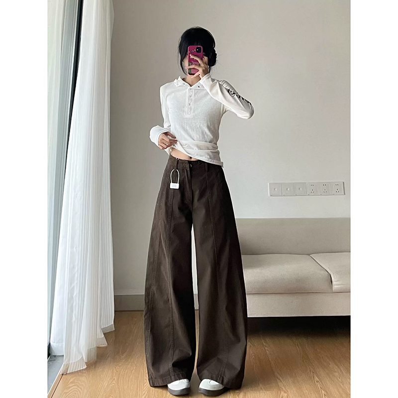 春季休閑直筒牛仔褲女美拉德深棕色通勤百搭高腰寬松顯瘦闊腿褲