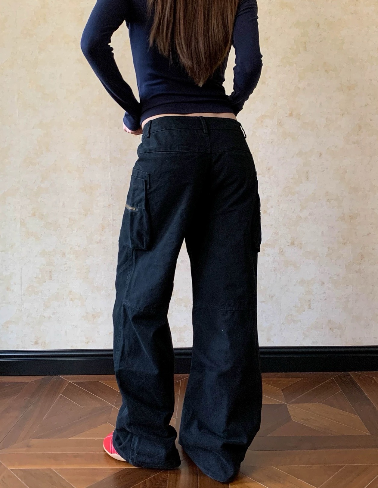 春季美式復古cleanfit鉚釘多口袋工裝男女寬松闊腿秋冬百搭長褲子