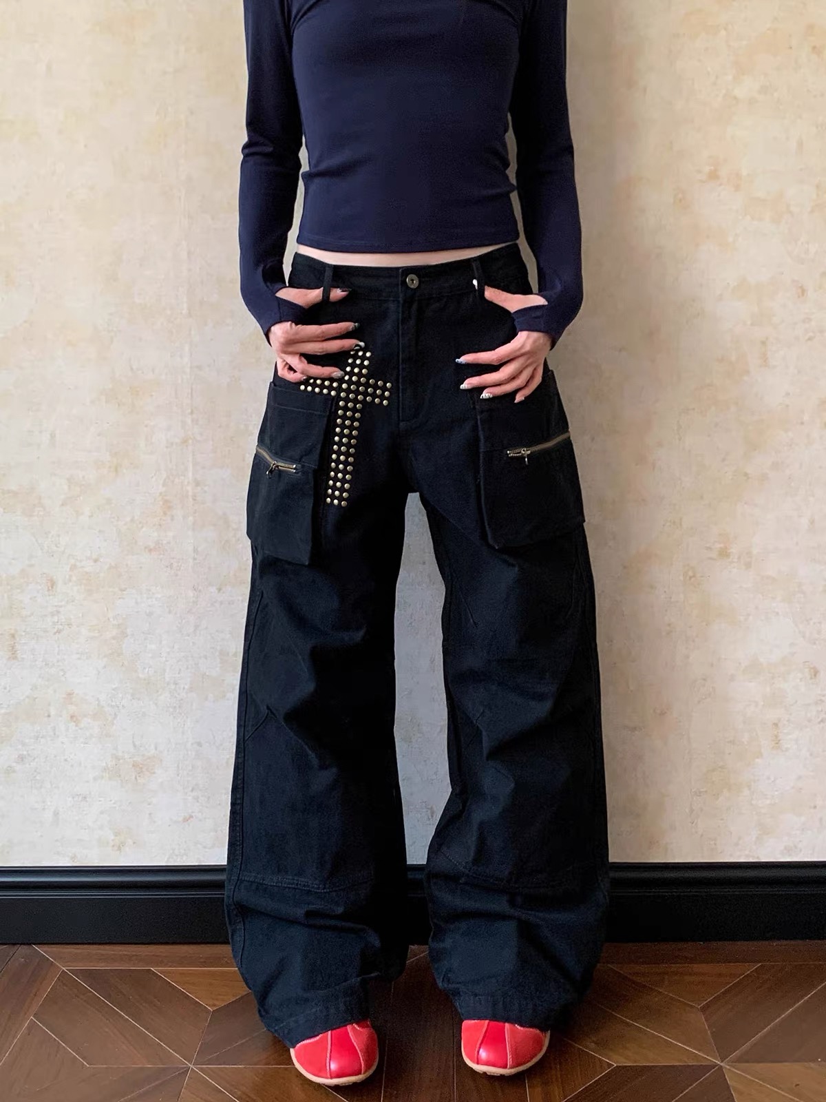 春季美式復古cleanfit鉚釘多口袋工裝男女寬松闊腿秋冬百搭長褲子