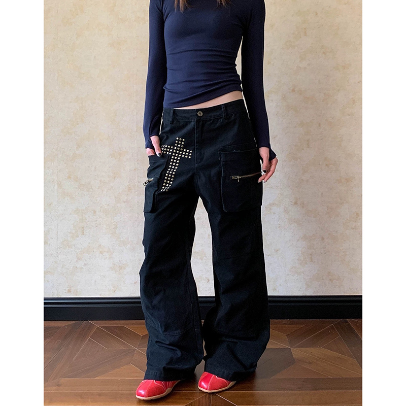 春季美式復古cleanfit鉚釘多口袋工裝男女寬松闊腿秋冬百搭長褲子
