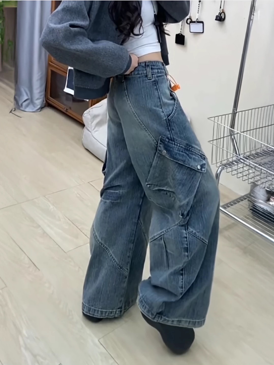春季美式高街多口袋工裝牛仔褲女辣妹高腰寬松直筒百搭闊腿長褲