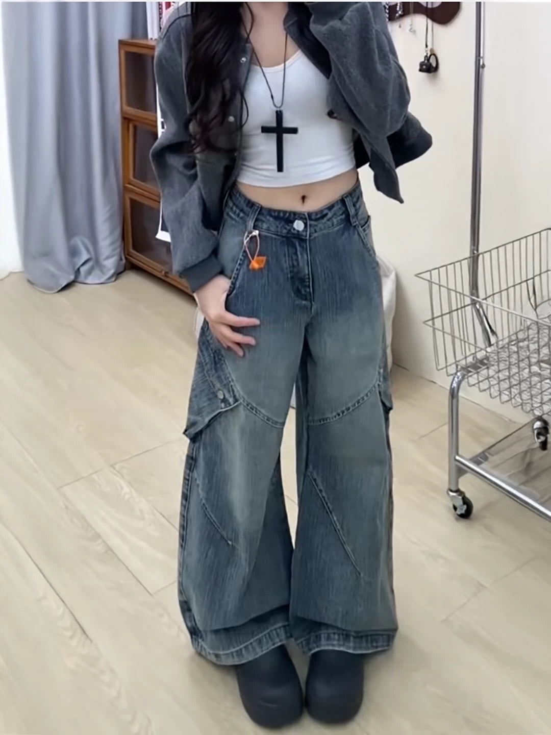 春季美式高街多口袋工裝牛仔褲女辣妹高腰寬松直筒百搭闊腿長褲